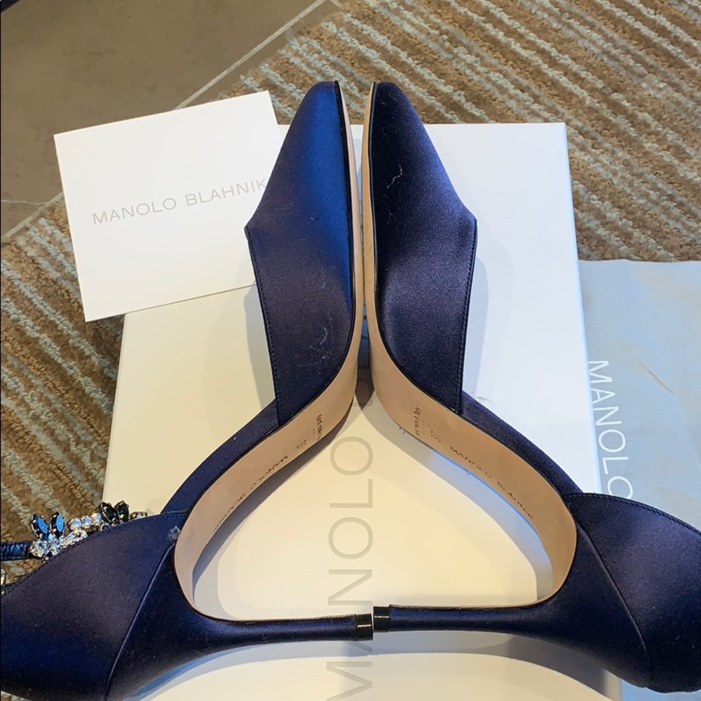Like New Manolo Blahnik Navy Satin Crystal Pumps - Picture 6 of 8